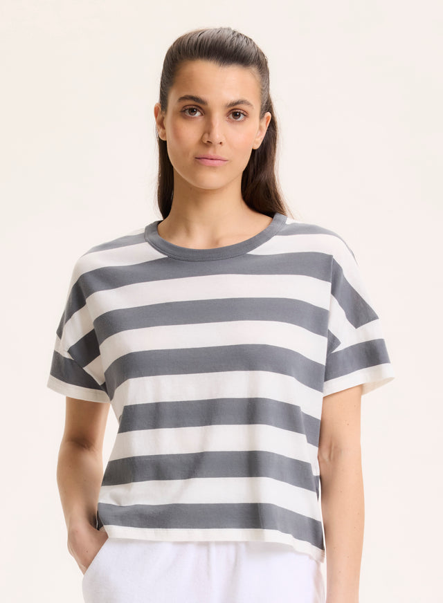 majestic filatures T-shirt Marine Col Bateau Manches Coudes en Lin / Coton organique Coton organique