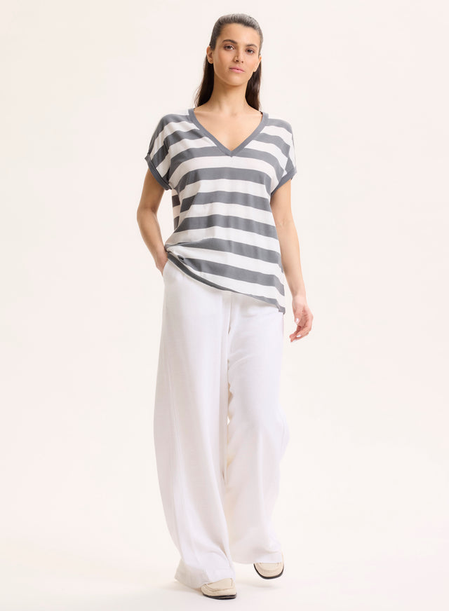 Majestic Filatures T-shirt Marine Col Bateau Manches Coudes En Lin / Coton Organique Coton Organique