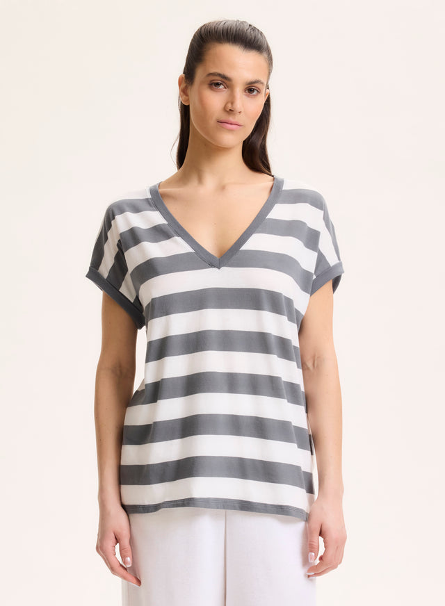 Majestic Filatures T-shirt Marine Col Bateau Manches Coudes En Lin / Coton Organique Coton Organique