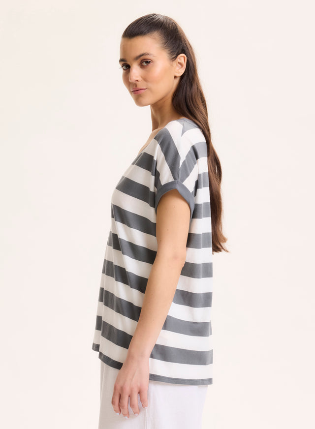 Majestic Filatures T-shirt Marine Col Bateau Manches Coudes En Lin / Coton Organique Coton Organique