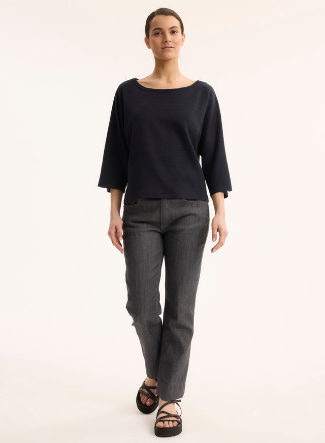 Majestic Filatures T-shirt Marine Col Bateau Manches Coudes En Lin / Coton Organique Lin / Coton Organique