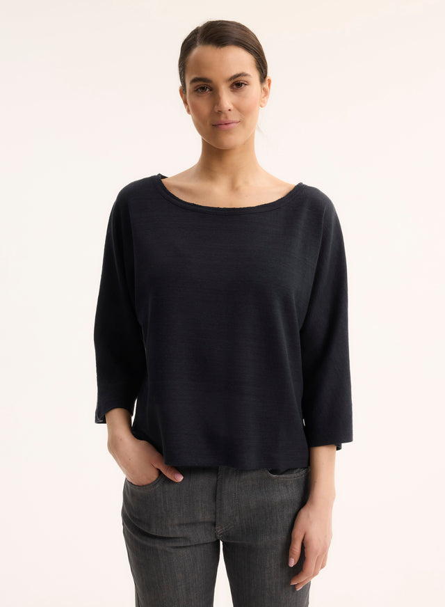 Majestic Filatures T-shirt Marine Col Bateau Manches Coudes En Lin / Coton Organique Lin / Coton Organique