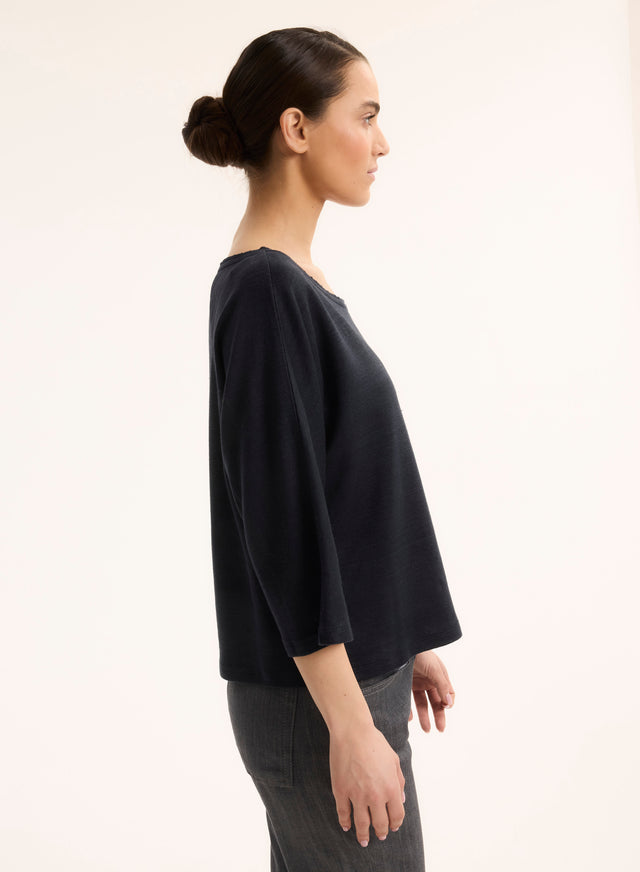 Majestic Filatures T-shirt Marine Col Bateau Manches Coudes En Lin / Coton Organique Lin / Coton Organique