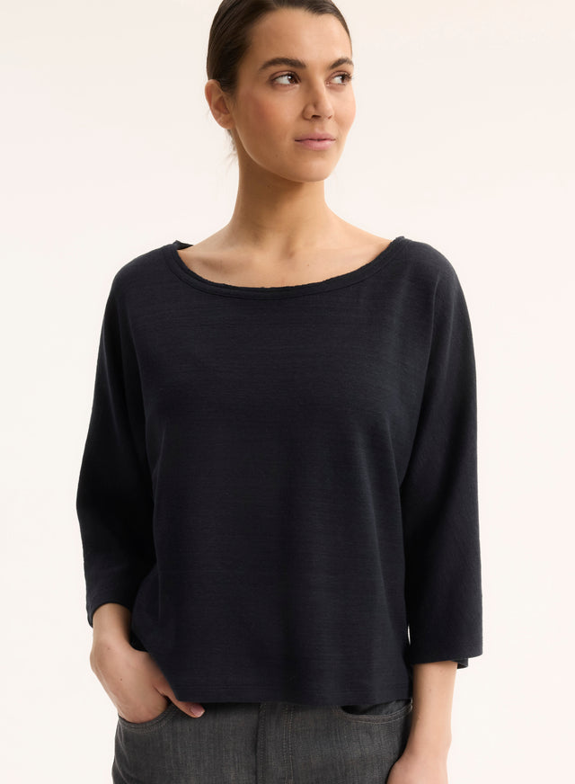 majestic filatures T-shirt Marine Col Bateau Manches Coudes en Lin / Coton organique Lin / Coton organique