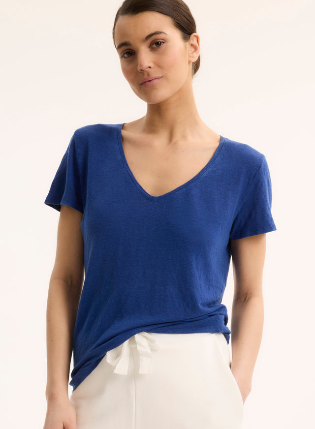 majestic filatures T-shirt Marine Col Bateau Manches Coudes en Lin / Coton organique Lin / Elasthanne