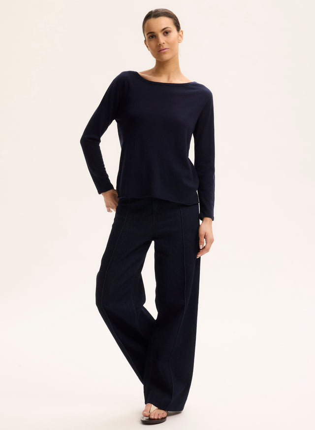 Majestic Filatures T-shirt Marine Col Bateau Manches Longues En Cachemire Cachemire