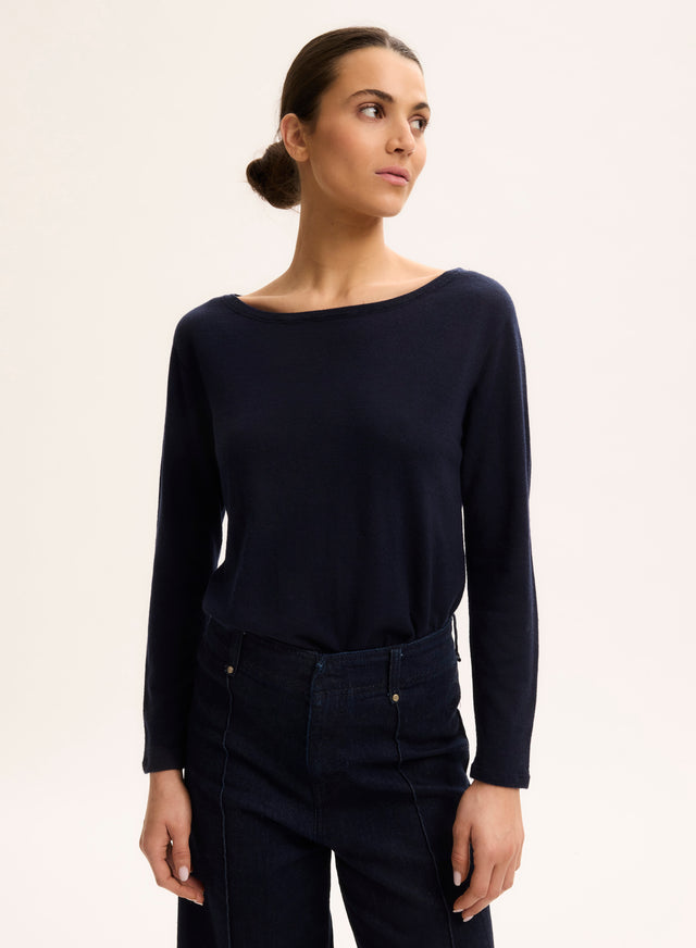 Majestic Filatures T-shirt Marine Col Bateau Manches Longues En Cachemire Cachemire