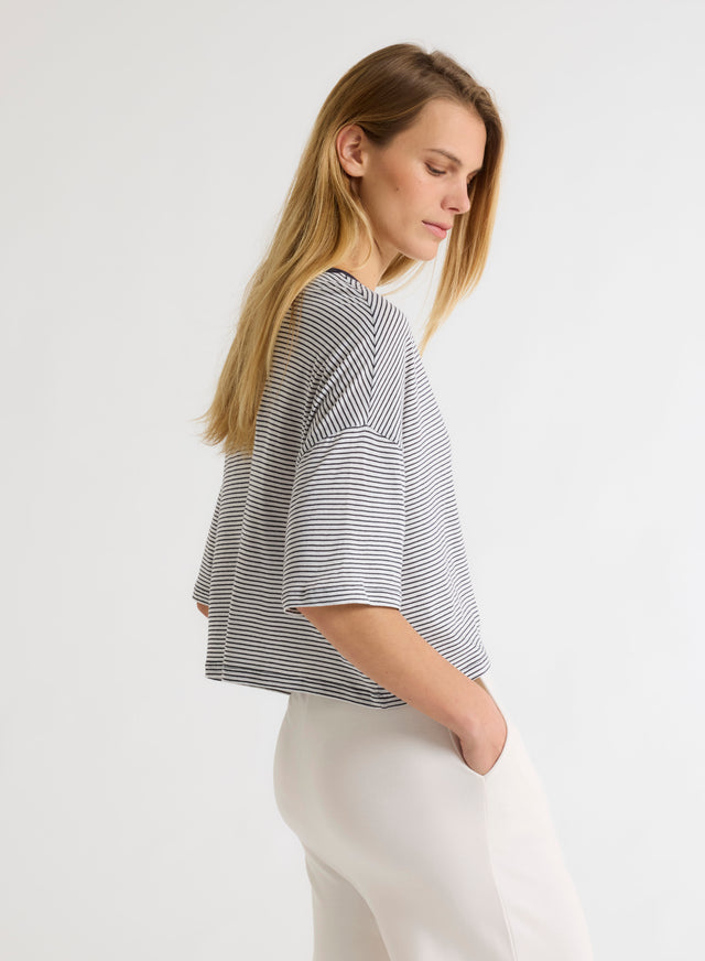 Majestic Filatures T-shirt Marine Col Rond Manches Coudes En Coton Organique Coton Organique