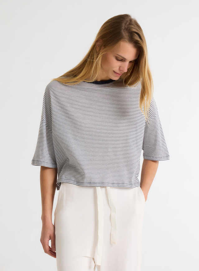 Majestic Filatures T-shirt Marine Col Rond Manches Coudes En Coton Organique Coton Organique