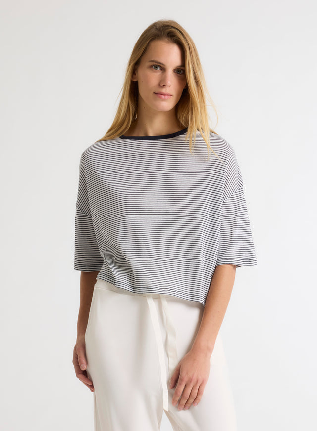 majestic filatures T-shirt Marine Col Rond Manches Coudes en Coton organique Coton organique