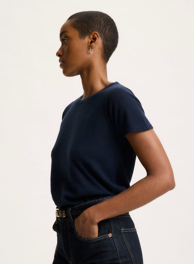 Majestic Filatures T-shirt Marine Col Rond Manches Courtes En 100% Cachemire Cachemire