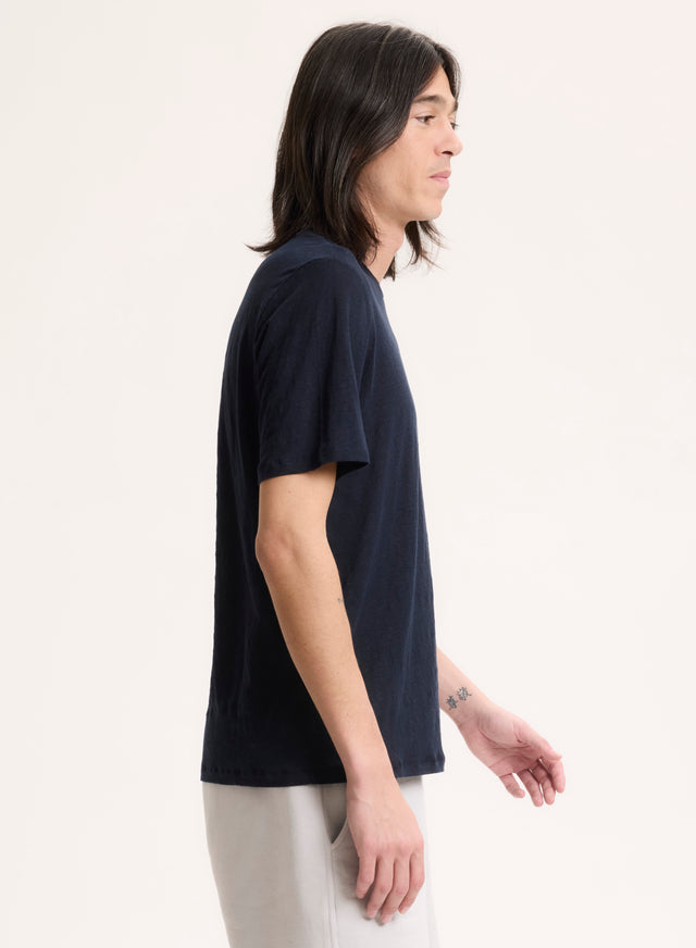 Majestic Filatures T-shirt Marine Col Rond Manches Courtes En Lin / Elasthanne Lin / Elasthanne