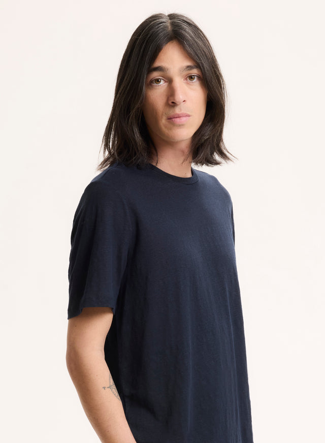 Majestic Filatures T-shirt Marine Col Rond Manches Courtes En Lin / Elasthanne Lin / Elasthanne