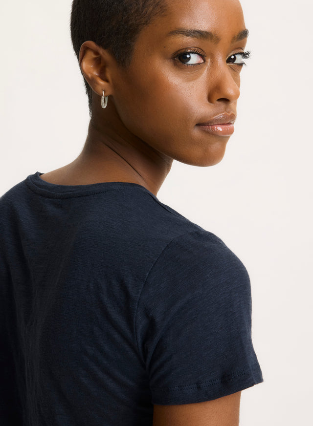 Majestic Filatures T-shirt Marine Col Rond Manches Courtes En Lin / Elasthanne Lin / Elasthanne