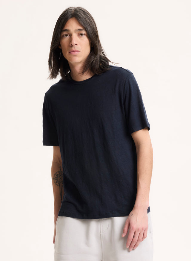 majestic filatures T-shirt Marine Col Rond Manches Courtes en Lin / Elasthanne Lin / Elasthanne