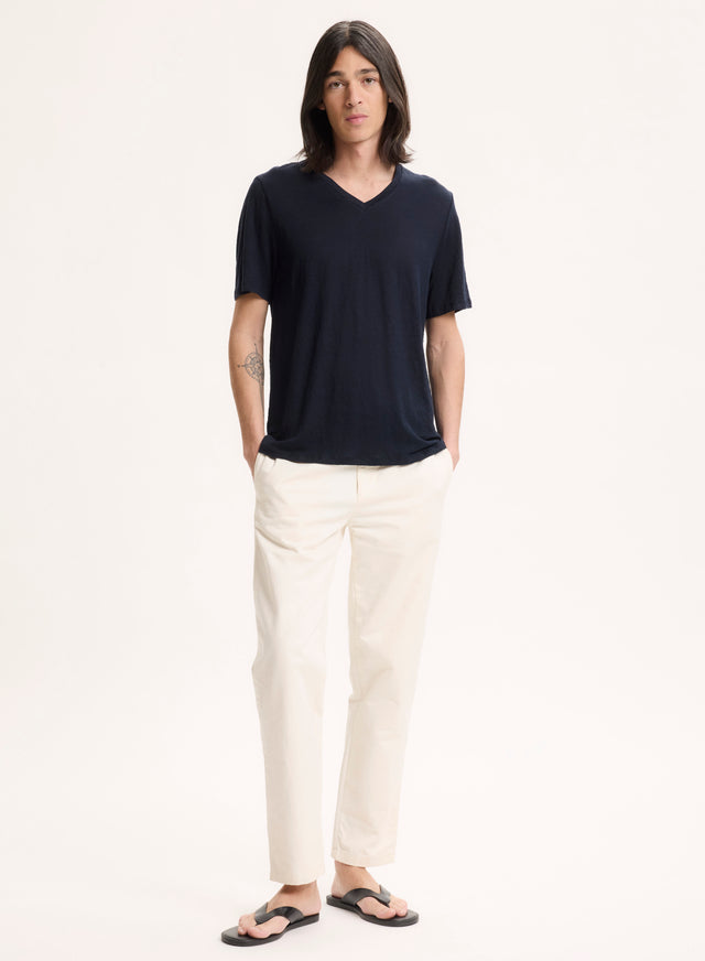 Majestic Filatures T-shirt Marine Col V Manches Courtes En Lin / Elasthanne Lin / Elasthanne