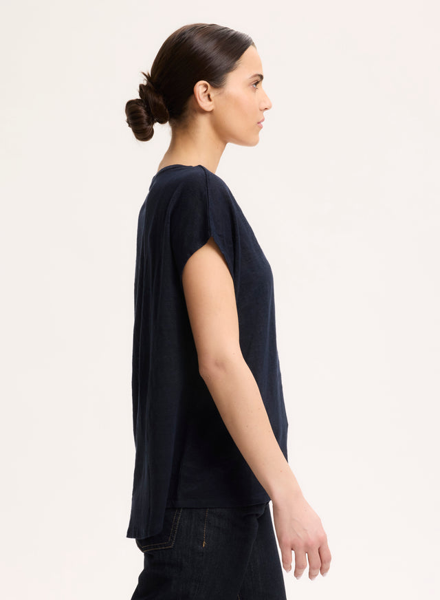 Majestic Filatures T-shirt Marine Col V Manches Courtes En Lin / Elasthanne Lin / Elasthanne