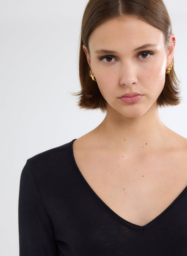 Majestic Filatures T-shirt Marine Col V Manches Longues En Coton Et Cachemire Coton / Cachemire