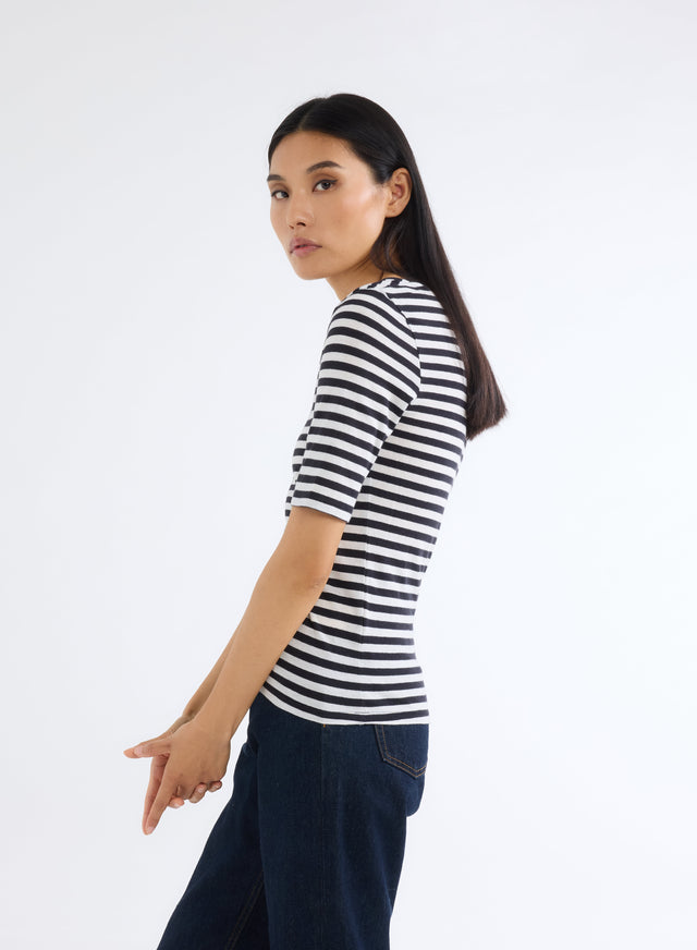 Majestic Filatures T-shirt Marine Et Blanc Rayé Col U Manches Coudes En Coton Organique Et Cachemire Coton Organique / Cachemire