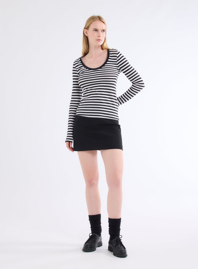 Majestic Filatures T-shirt Marine Et Blanc Rayé Col U Manches Longues En Coton Organique Et Cachemire Coton Organique / Cachemire