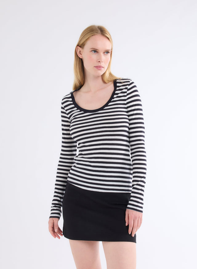 majestic filatures T-shirt Marine et Blanc Rayé Col U Manches Longues en Coton Organique et Cachemire Coton organique / Cachemire