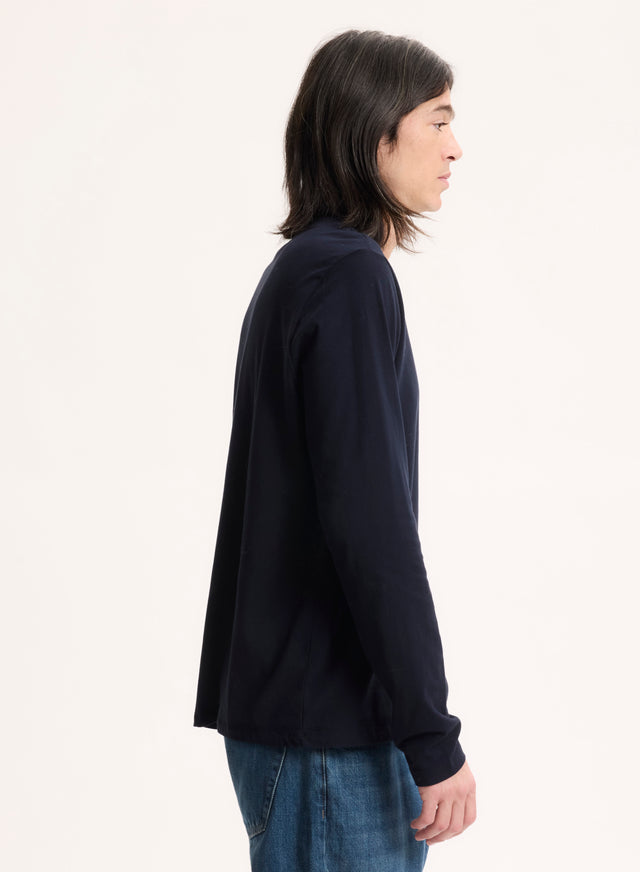 Majestic Filatures T-shirt Marine Henry Col Rond Manches Longues En Coton Organique Et Elasthanne Coton Organique / Elasthanne