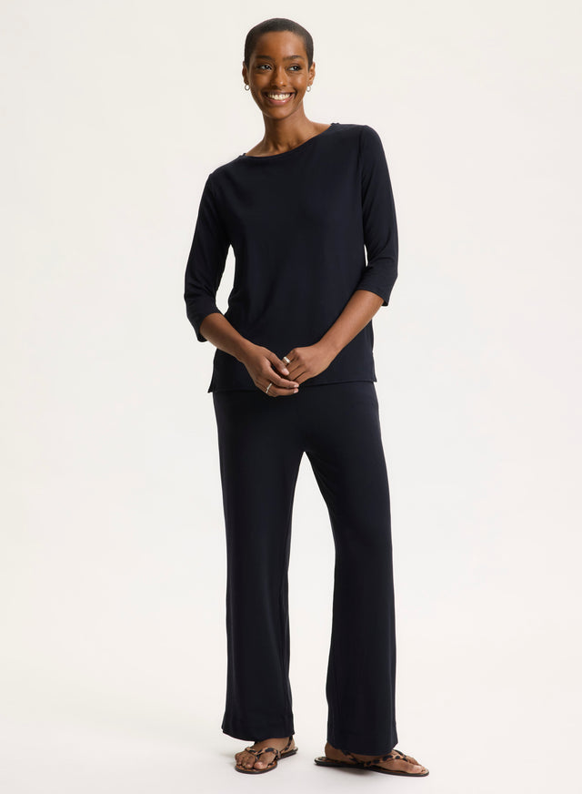 Majestic Filatures T-shirt Marine Manches 3/4 Col Bateau En Viscose Et Élasthanne Viscose / Élasthanne