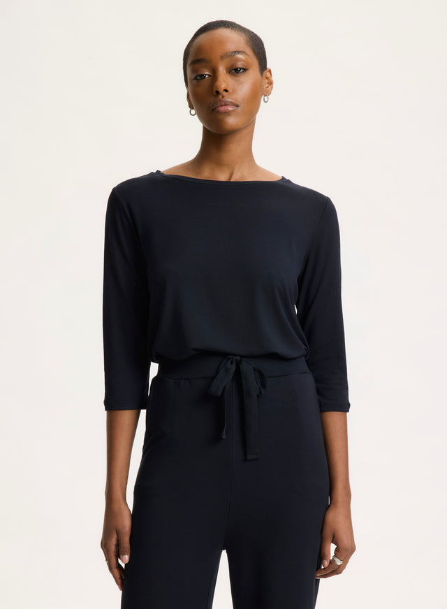 Majestic Filatures T-shirt Marine Manches 3/4 Col Bateau En Viscose Et Élasthanne Viscose / Élasthanne