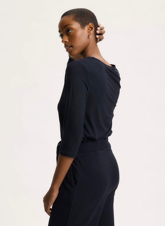 Majestic Filatures T-shirt Marine Manches 3/4 Col Bateau En Viscose Et Élasthanne Viscose / Élasthanne