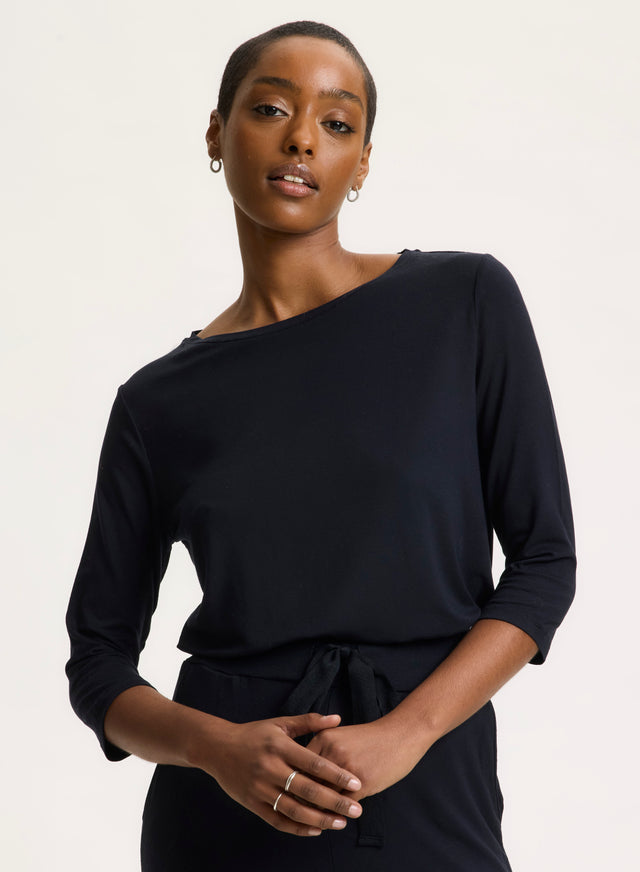 majestic filatures T-shirt Marine Manches 3/4 Col Bateau en Viscose et Élasthanne Viscose / Élasthanne