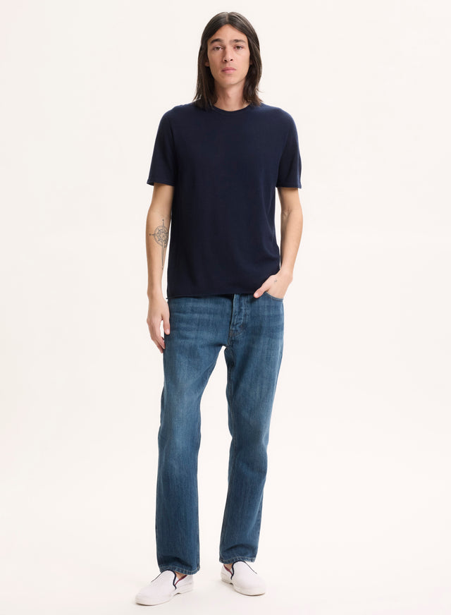 Majestic Filatures T-shirt Marine Manches Courtes Col Rond En 100% Cachemire Cachemire