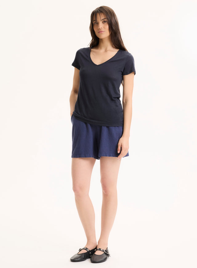 Majestic Filatures T-shirt Marine Manches Courtes Col V En Lin Et Elasthanne Lin / Elasthanne