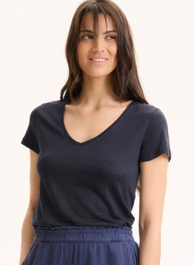 majestic filatures T-shirt Marine Manches Courtes Col V en Lin et Elasthanne Lin / Elasthanne