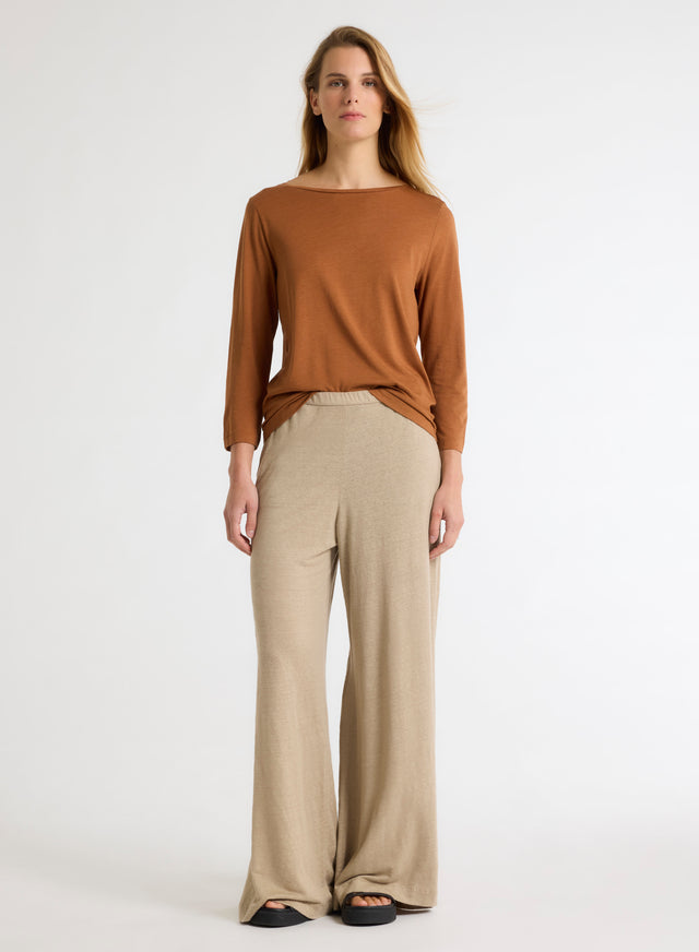 Majestic Filatures T-shirt Marron Col Bateau Manches Trois Quarts Lyocell / Tencel / Coton Organique