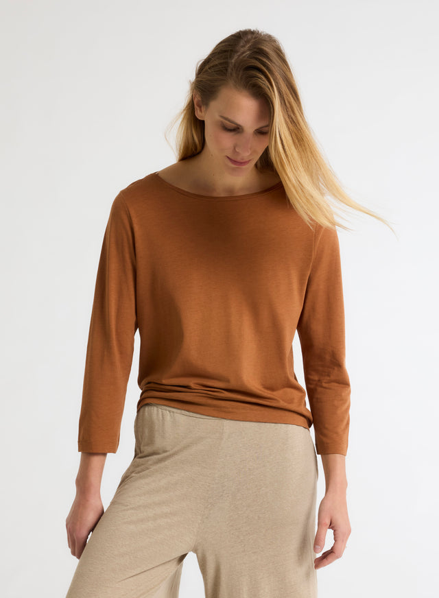 Majestic Filatures T-shirt Marron Col Bateau Manches Trois Quarts Lyocell / Tencel / Coton Organique