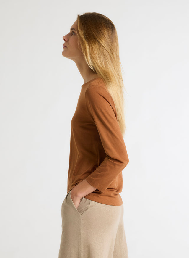 Majestic Filatures T-shirt Marron Col Bateau Manches Trois Quarts Lyocell / Tencel / Coton Organique
