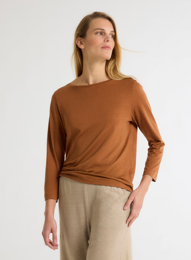 majestic filatures T-shirt Marron Col Bateau Manches Trois quarts Lyocell / Tencel / Coton organique