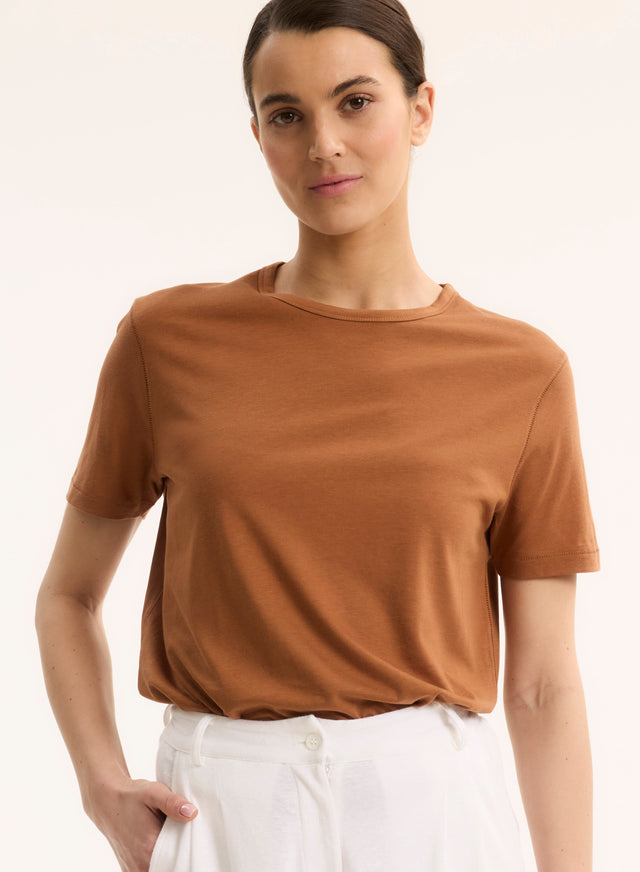 Majestic Filatures T-shirt Marron Col Rond Manches Courtes En Lyocell / Tencel / Coton Organique Lyocell / Tencel / Coton Organique