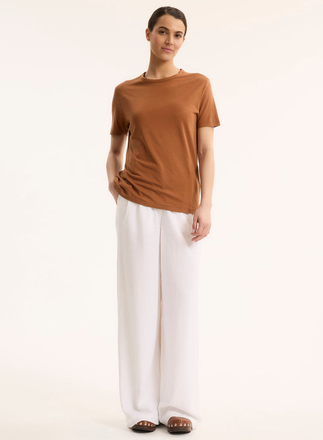 Majestic Filatures T-shirt Marron Col Rond Manches Courtes En Lyocell / Tencel / Coton Organique Lyocell / Tencel / Coton Organique