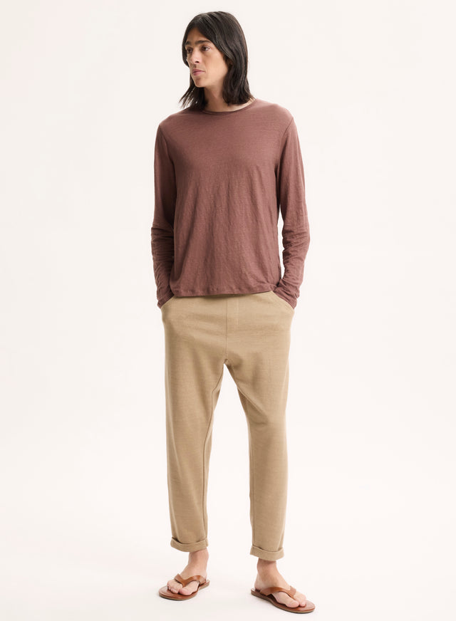 Majestic Filatures T-shirt Marron Col Rond Manches Longues Lin / Elasthanne
