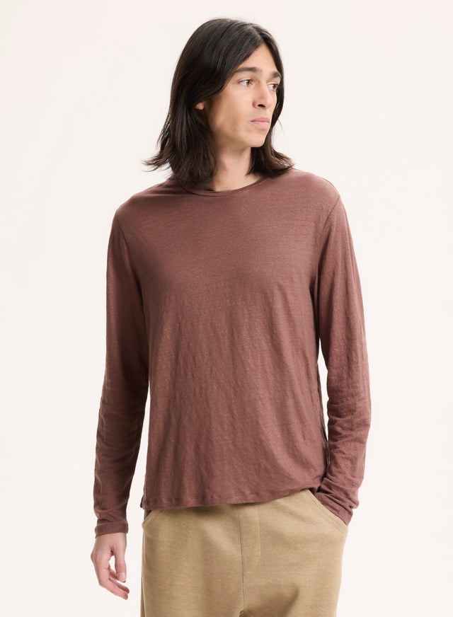 Majestic Filatures T-shirt Marron Col Rond Manches Longues Lin / Elasthanne