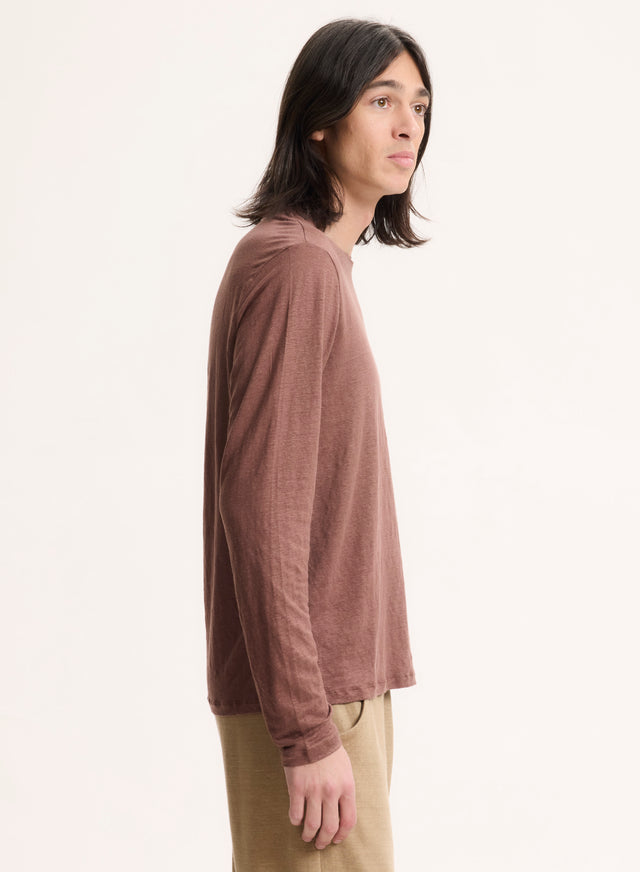 Majestic Filatures T-shirt Marron Col Rond Manches Longues Lin / Elasthanne