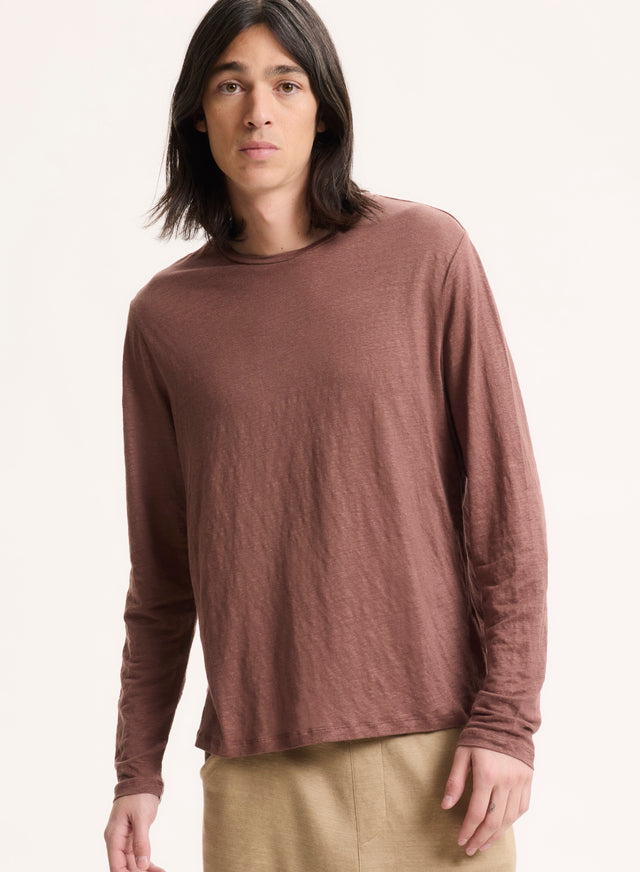 majestic filatures T-shirt Marron Col Rond Manches Longues Lin / Elasthanne