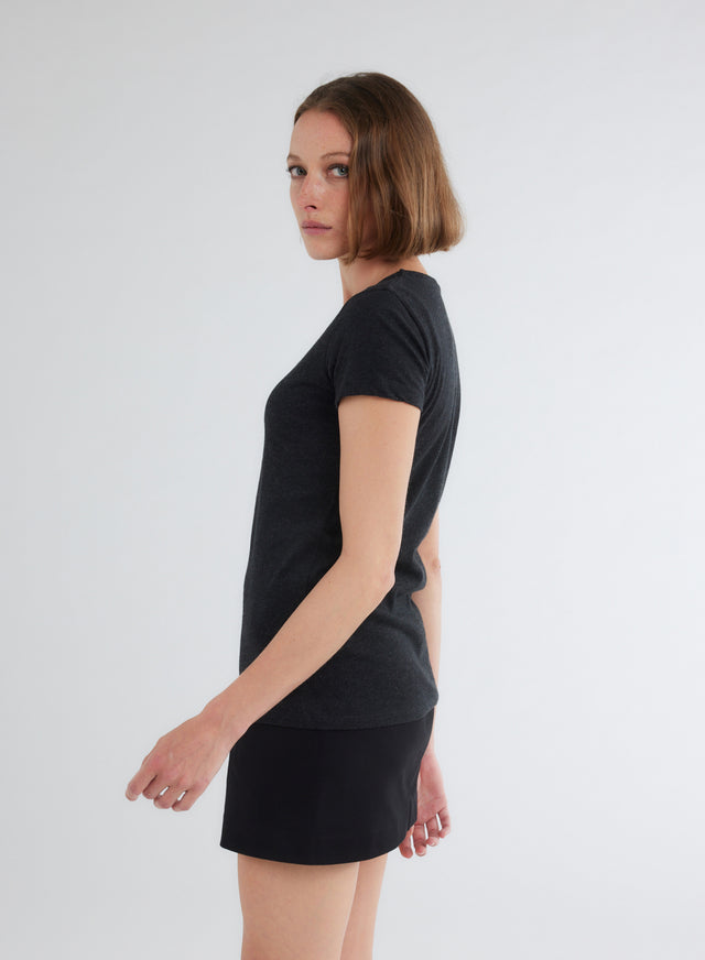 Majestic Filatures T-shirt Noir Chiné Col Rond Manches Courtes En Deluxe Coton Deluxe Coton