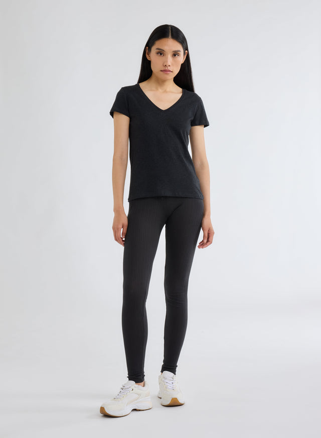 Majestic Filatures T-shirt Noir Chiné Col V Manches Courtes En Deluxe Coton Deluxe Coton