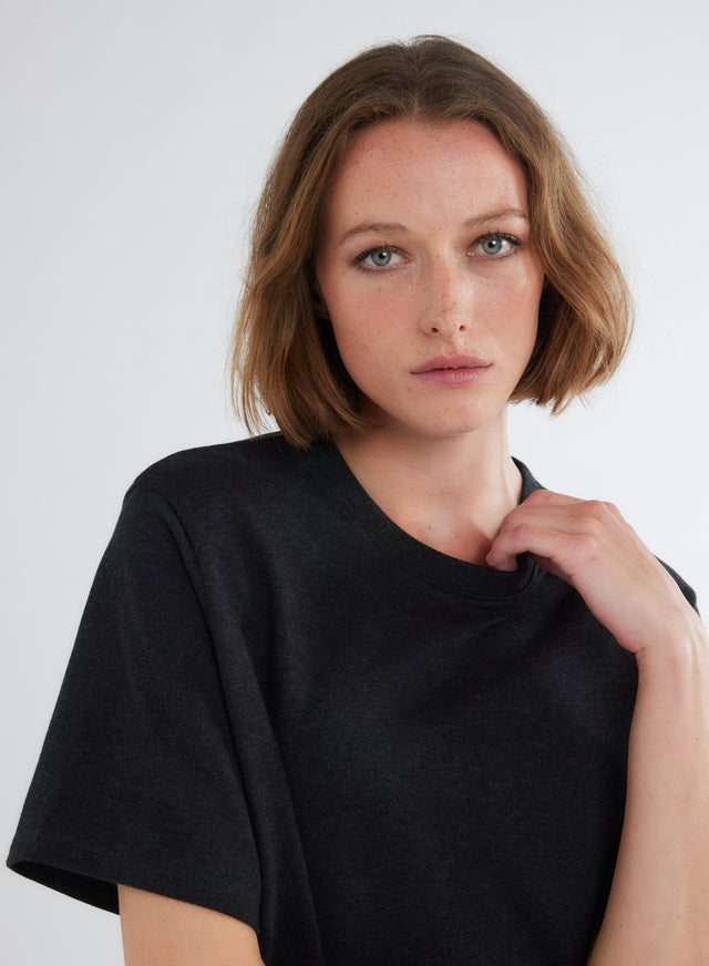 Majestic Filatures T-shirt Noir Chiné Oversize Col Rond Manches Courtes En Coton Organique Coton Organique