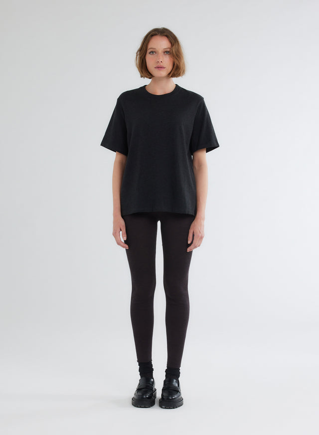 Majestic Filatures T-shirt Noir Chiné Oversize Col Rond Manches Courtes En Coton Organique Coton Organique