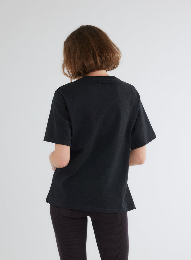 Majestic Filatures T-shirt Noir Chiné Oversize Col Rond Manches Courtes En Coton Organique Coton Organique