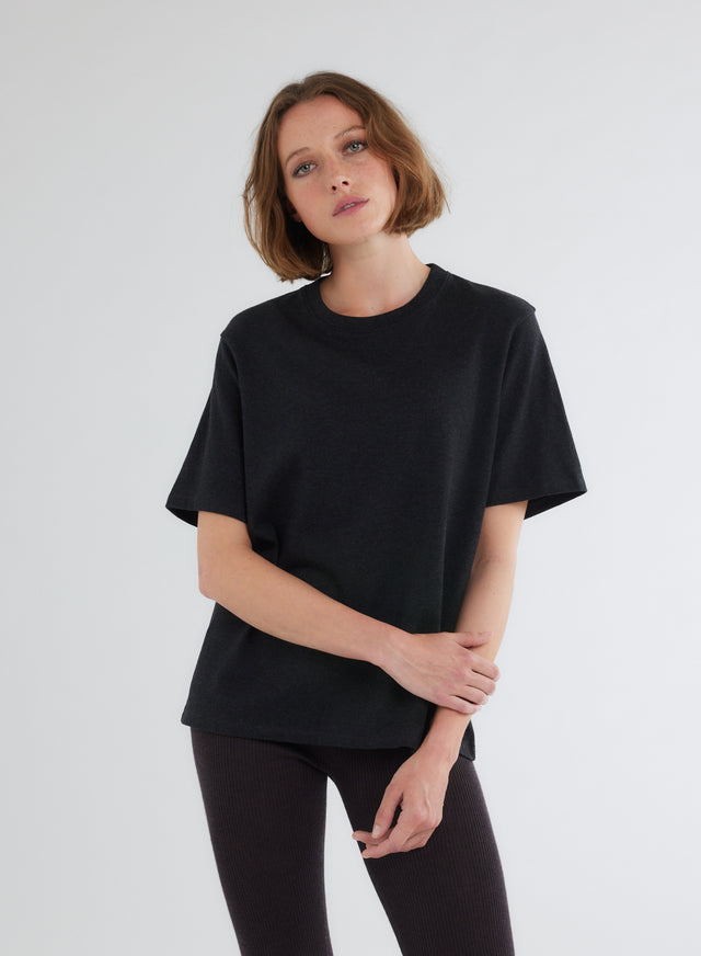 majestic filatures T-shirt Noir Chiné Oversize Col Rond Manches Courtes en Coton Organique Coton organique