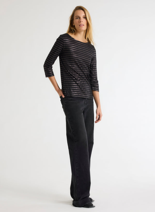 Majestic Filatures T-shirt Noir Col Bateau Manches Trois Quarts En Lin / Elasthanne Lin / Elasthanne